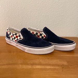 Mens 9 Distressed (Dress Blue/Chili Pepper) Checkered Slip Ons